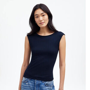 NWT Madewell Scoopneck Cap-Sleeve Tee Navy Blue L